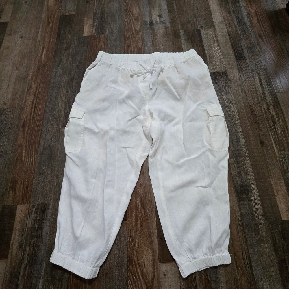 Talbot's Linen Cargo Pants Women 2XP White Drawstring Elastic Waist Cropped